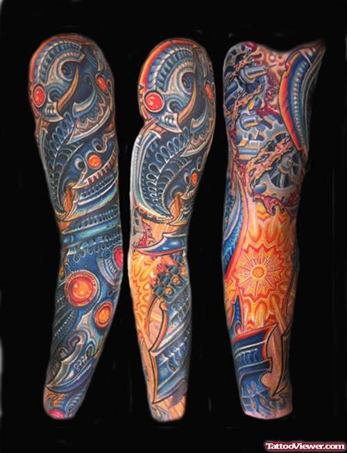 Nice Colored Biomechanical Tattoo On Sleeve