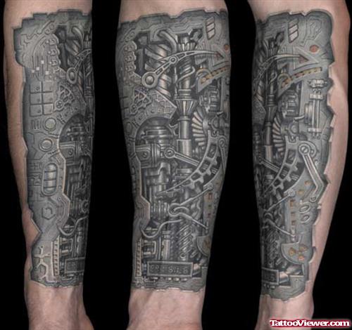 Forearm Grey Ink Biomechanical Tattoo