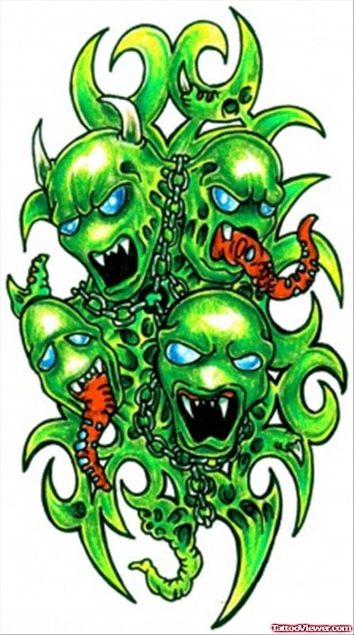 Biomechanical Green skulls Tattoo Design