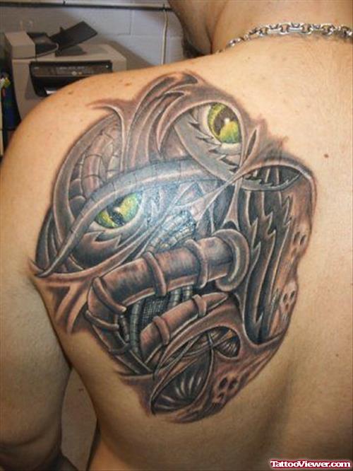 Grey Ink Biomechanical Tattoo On Man Left Shoulder