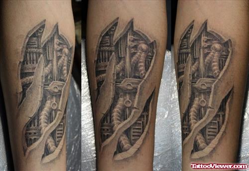 Grey Ink Biomechanical Forearm Tattoo