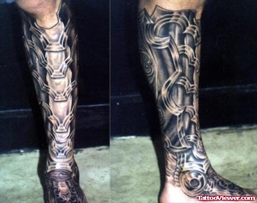 Dark Grey Ink Biomechanical Tattoo On Leg