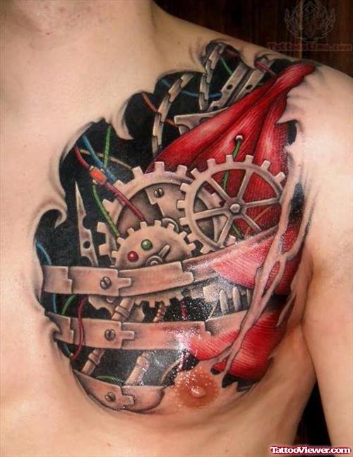 Awesome Colored Biomechanical Tattoo On Man Left Chest