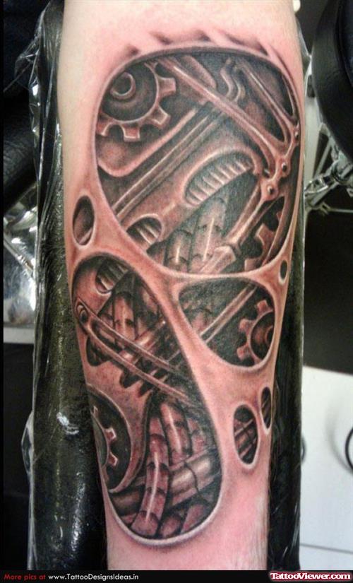 Grey Ink Biomechanical Arm Tattoo