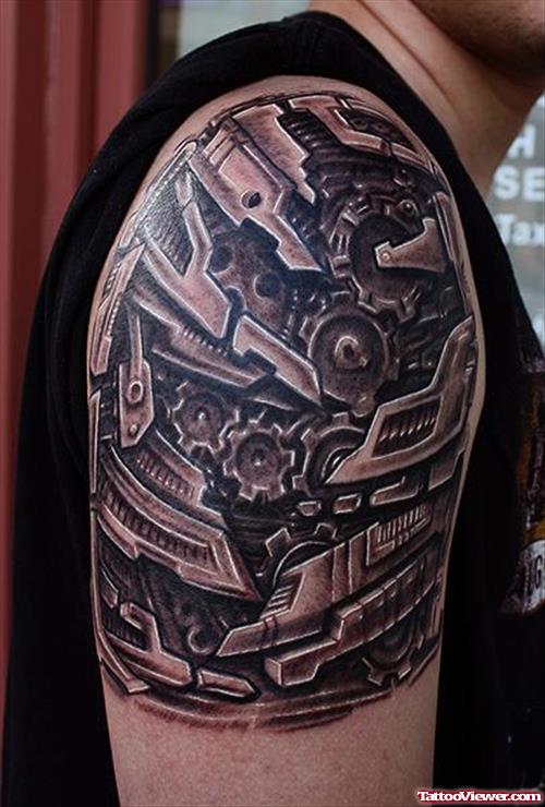 Best Grey Ink Biomechanical Tattoo On Right Shoulder