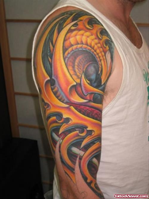 Awesome Colored Right Half sleeve Biomechanical Tattoo