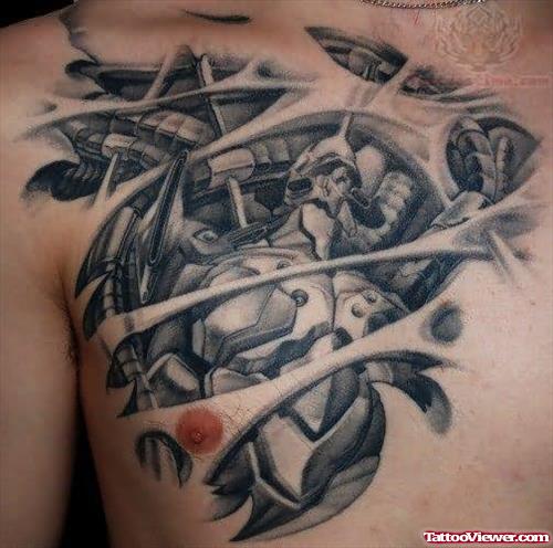Quality Grey Ink Biomechanical Tattoo On Man Chest