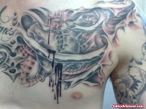 New Grey Ink Biomechanical Tattoo On Man chest