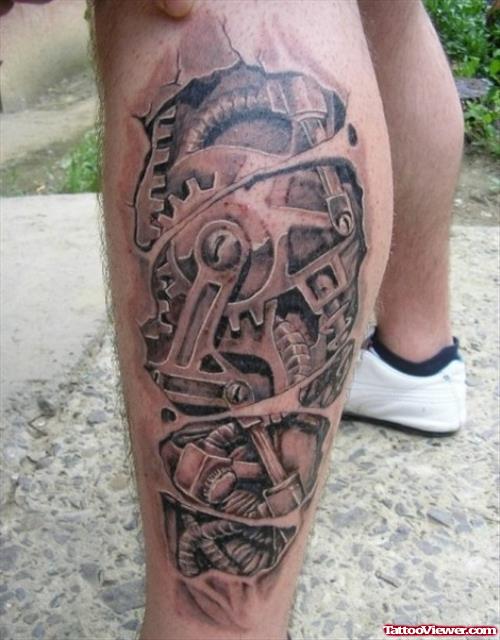 Left Leg Grey Ink Biomechanical Tattoo