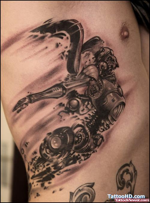 Grey Ink Biomechanical Tattoo On Man Side Rib