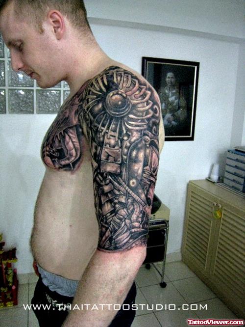 Grey Ink Biomechanical Left Half Sleeve And Chest Tattoo