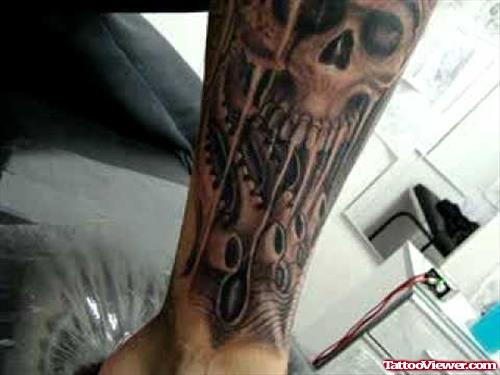 Biomechanical Skull Grey Ink Tattoo