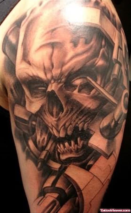 Dangerous Skull Tattoo On Shoulder