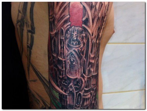 Grey Ink Biomechanical Tattoo On Right Half Sleeve