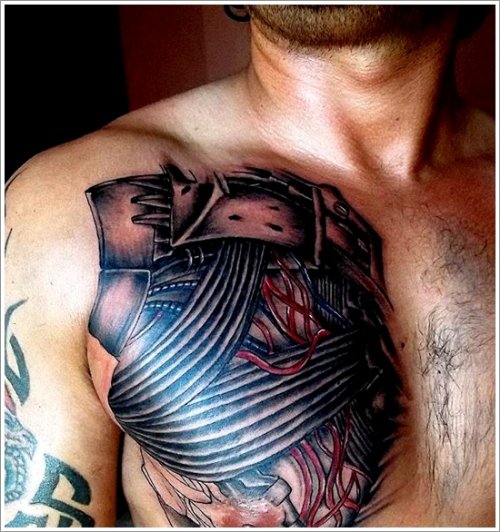Grey Ink Biomechanical Tattoo On Man Chest