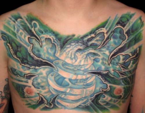 Colored Ink Biomechanical Tattoo On Chest