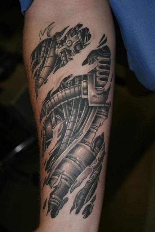 Right Arm Grey Ink Biomechanical Tattoo
