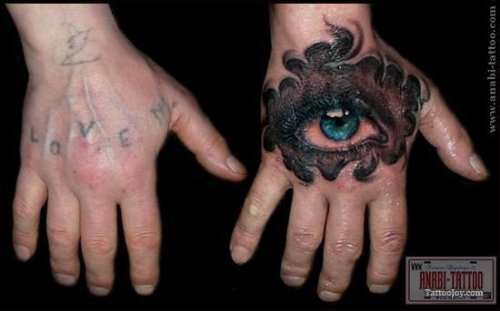 Bio Mechanical Eye Tattoo On Right Hand