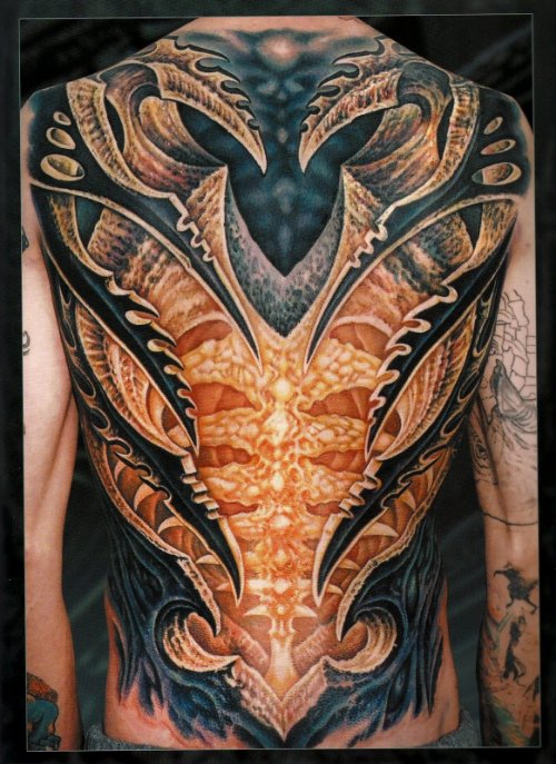 Awesome Biomechanical Tattoo On Full Back Body