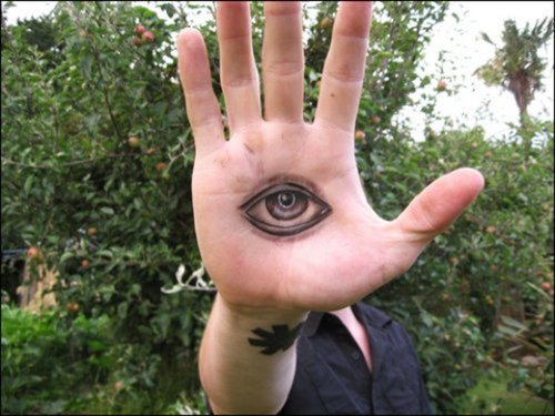 Biomechanical 3D Eye Tattoo On Palm