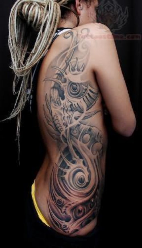 Biomechanical Grey Ink Girl Rib side Tattoo