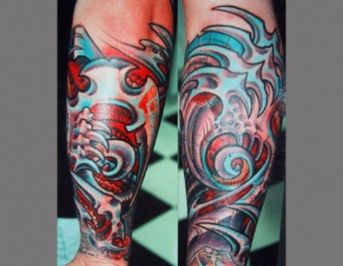 Awesome Color Ink Biomechanical Sleeve Tattoo