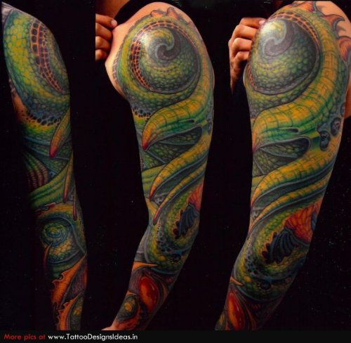 Beautiful Biomechanical Colored Tattoo On Left Sleeve