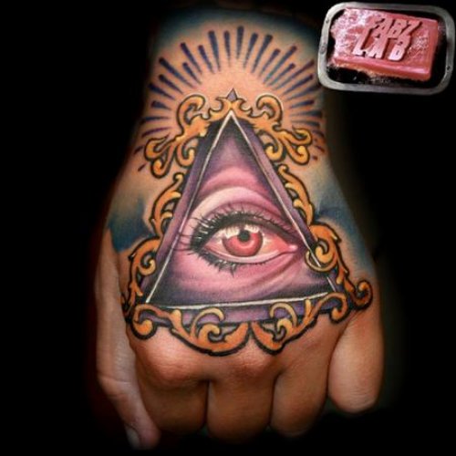 Biomechanical 3D Eye Tattoo On Left Hand