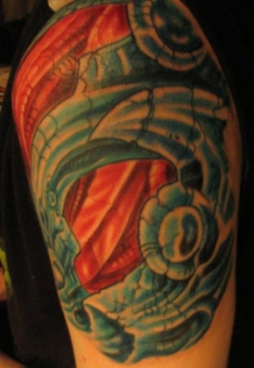 Colored Biomechanical Tattoo On Left Half Sleeve
