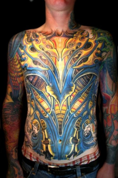 Colored Biomechanical Tattoo On Man Body