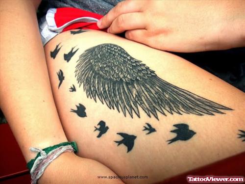 Birds & Bird Wing Tattoo On Thigh