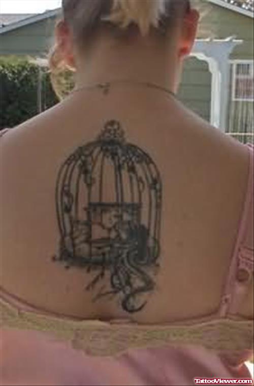 Bird In Cage Tattoo On Back