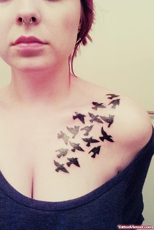 Flying Birds Tattoo On Chest & Shoulder