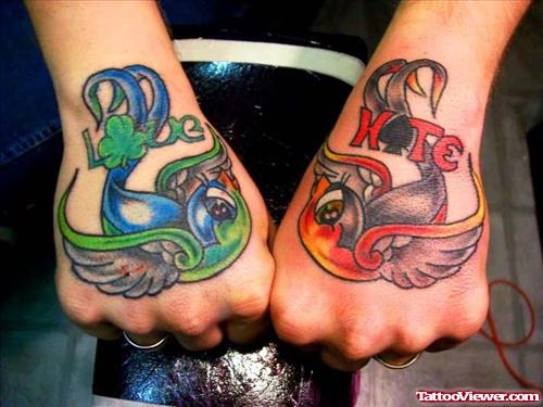 Colourful Birds Tattoos On Hands