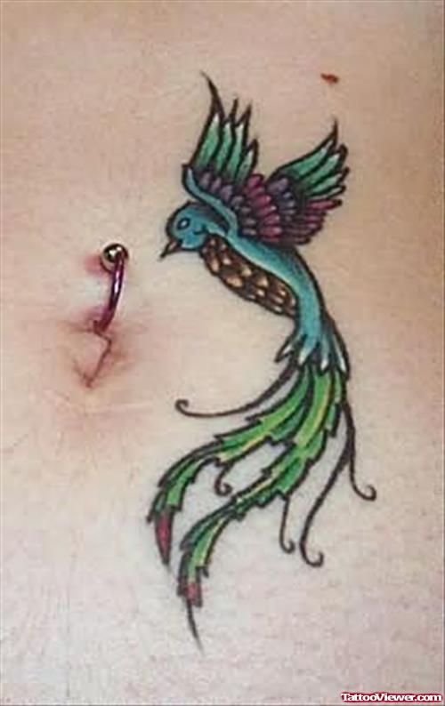 Green Bird Tattoo On Belly