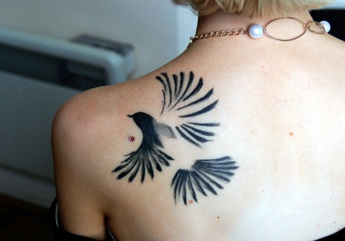 Left Back Shoulder Black Bird Tattoo