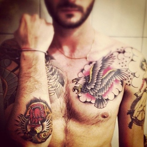 Tiger Tattoo On Right Arm And Birds Tattoo On Man Chest