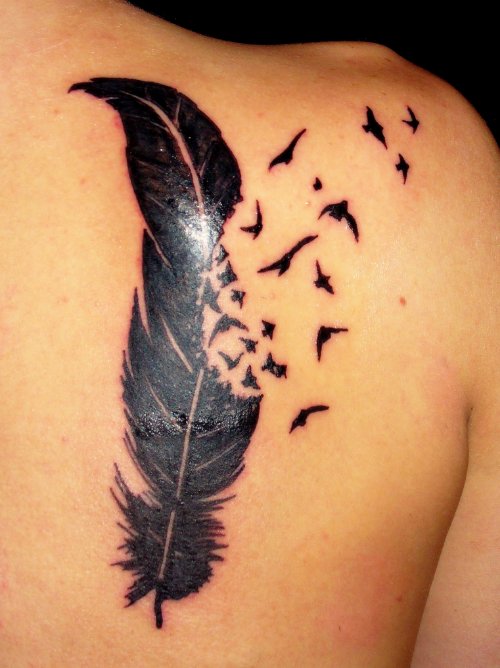 Right Back Shoulder Birds Flying From Feather Tattoo