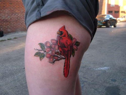 Red Ink Birds Tattoo On Left Side Leg