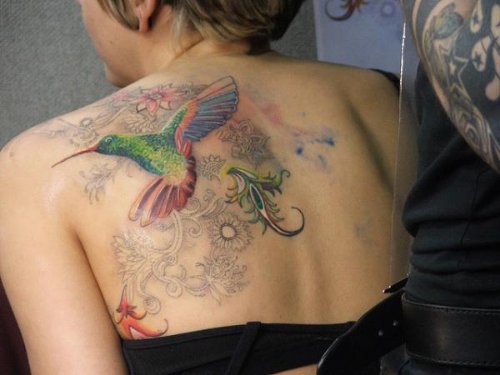 Girl Back Body HummingBird Tattoo