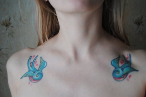Blue Bird Tattoos On Collarbones For Girls