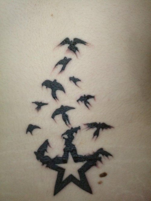 Star And Flying Birds Tattoo