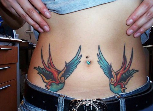 Colored Flying Bird Tattoos On Hip