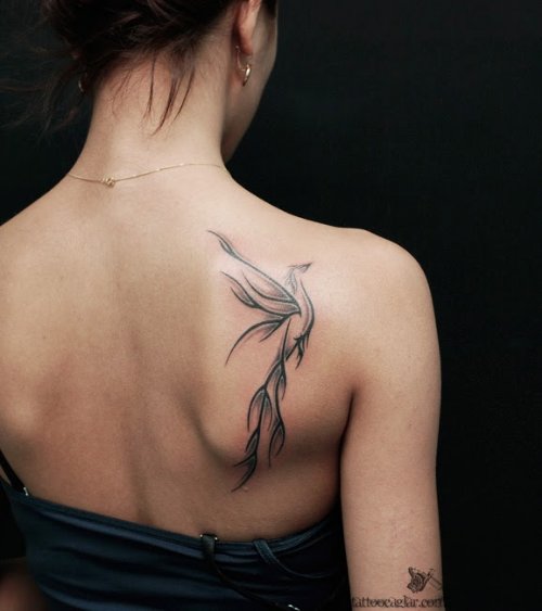 Girl Right Back Shoulder Grey Ink Bird Tattoo