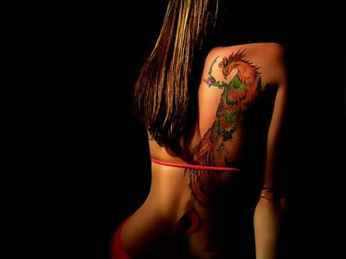 Girl Back Body Birds Tattoo