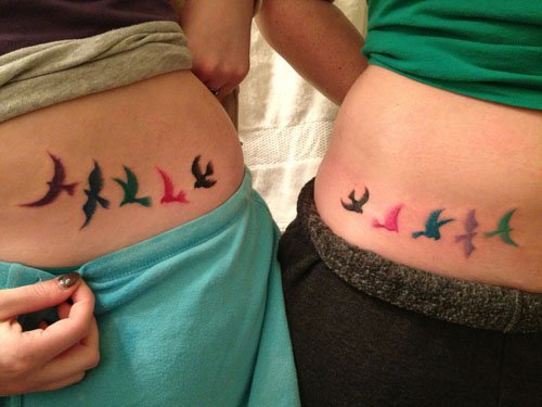 Girls Lowerback Colorful Birds Tattoo
