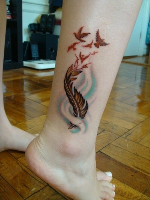Right Ankle Feather and Flying Birds Tattoo