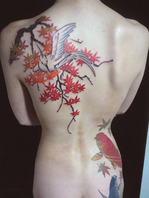 Maple Tree And Bird Tattoo On Back