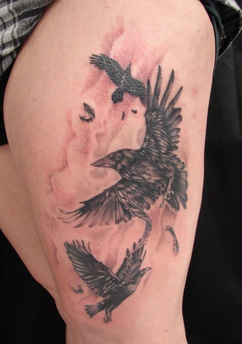 Left Thigh Birds Tattoo
