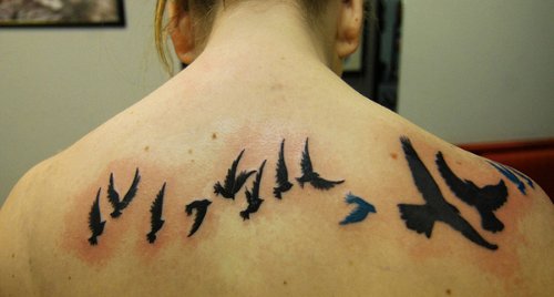 Black Flying Birds Tattoo On Upperback